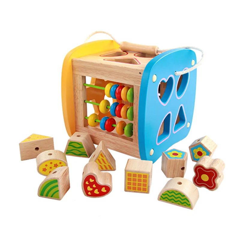  Portable Educational Cube Bricks Geometric Shape Matching Blocks Sorting Box Wooden Baby Intelligen