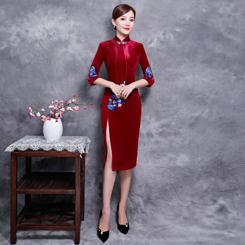 Новое китайское женское элегантное велюровое платье Qipao из 2 предметов, Cheongsam, сексуальное платье, одежда, большие размеры, S M L XL XXL 3XL 4XL