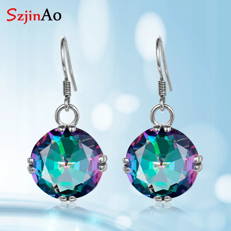 mystic topaz 925 пробы Серебряные Серьги с драгоценными камнями, круглые рубиновые серьги для женщин, ручная работа, роскошные брендовые ювелирные изделия, Прямая поставка - Цвет камня: mystic topaz