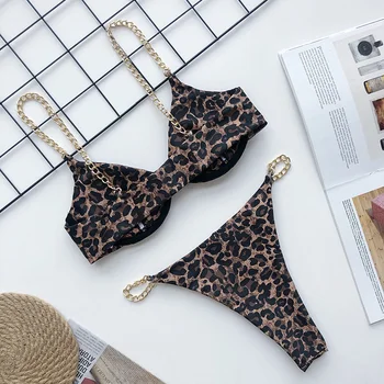 

Female New Bathing Suit Metal Chain Padding Bikini High Cut Thong Swimwear Women Push Up Bikini Sexy Swimsuit New 2020