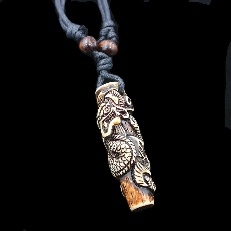 Имитация кости резьба тотемный дракон кулон мальчик Мужская Этническая ожерелье из деревянных бусин амулет подарок на удачу MN112 - Окраска металла: Brown