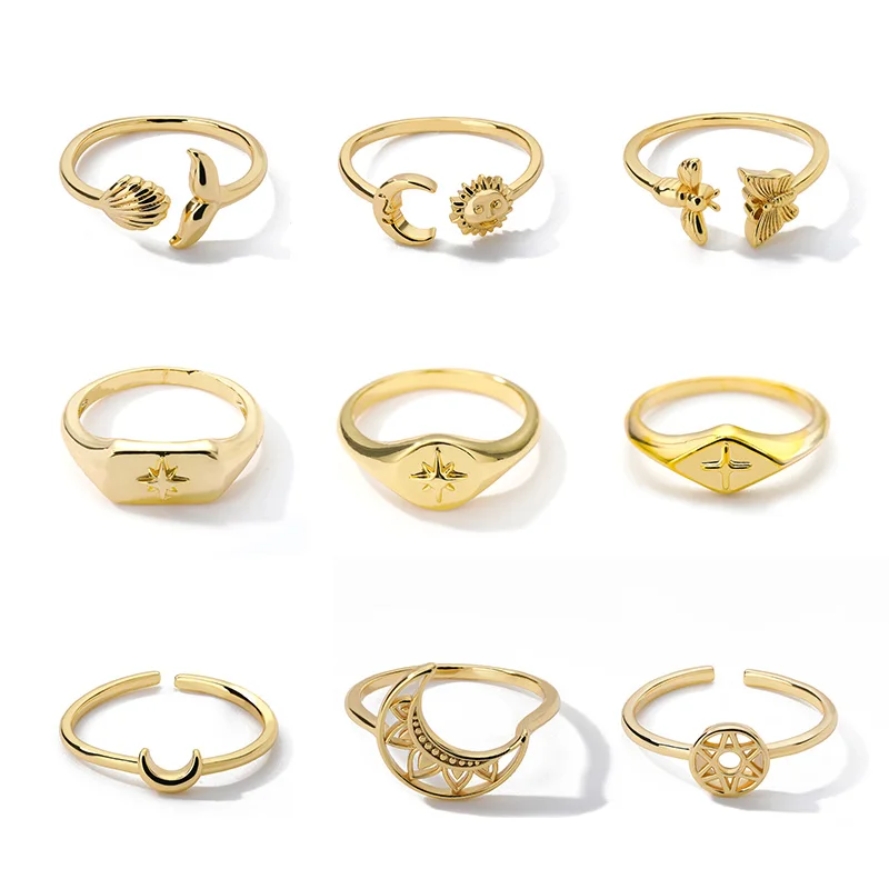 

2021 Vintage Women's Ring Moon Sun Set of rings Stainless Steel Geometry Jewelry Punk Adjustable Gothic Style Accessories