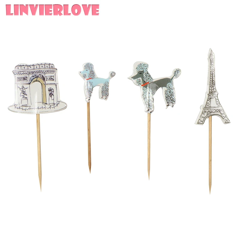 

LINVIERLOVE 24pcs/pack Alpaca Cupcake Topper For Kids Happy Birthday France Architecture Cake Topper Party Decor Supplies