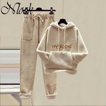 

Plus Size Women Sweater Set Hooded Top And Pants Set Letter Print Pocket Warm Thicken Pullover Sweatshirt & High Waist Warm Set