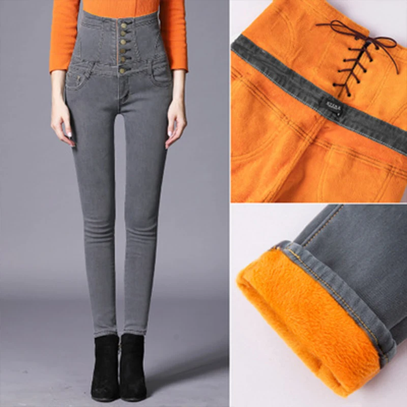 

2019 Winter High Waist Female Stretch Black Mom Jeans Boyfriend Jeans For Women Warm Denim Plus Size Pencil Skinny Jeans Women