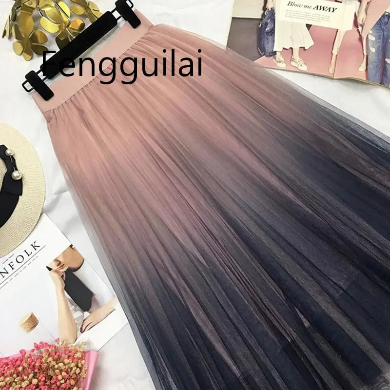 FENGGUILAI, красивая, градиентная, цветная, длинная, Тюлевая юбка, для женщин, Корейская, трапециевидная, высокая талия, плиссированная, макси, юбка для женщин, школьная юбка для девочек