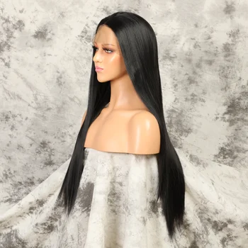 

PAFF Long Black Natural Hairline Straight Synthetic Lace Front Wig For Women Soft Heat Resistant Fiber Hair Wig