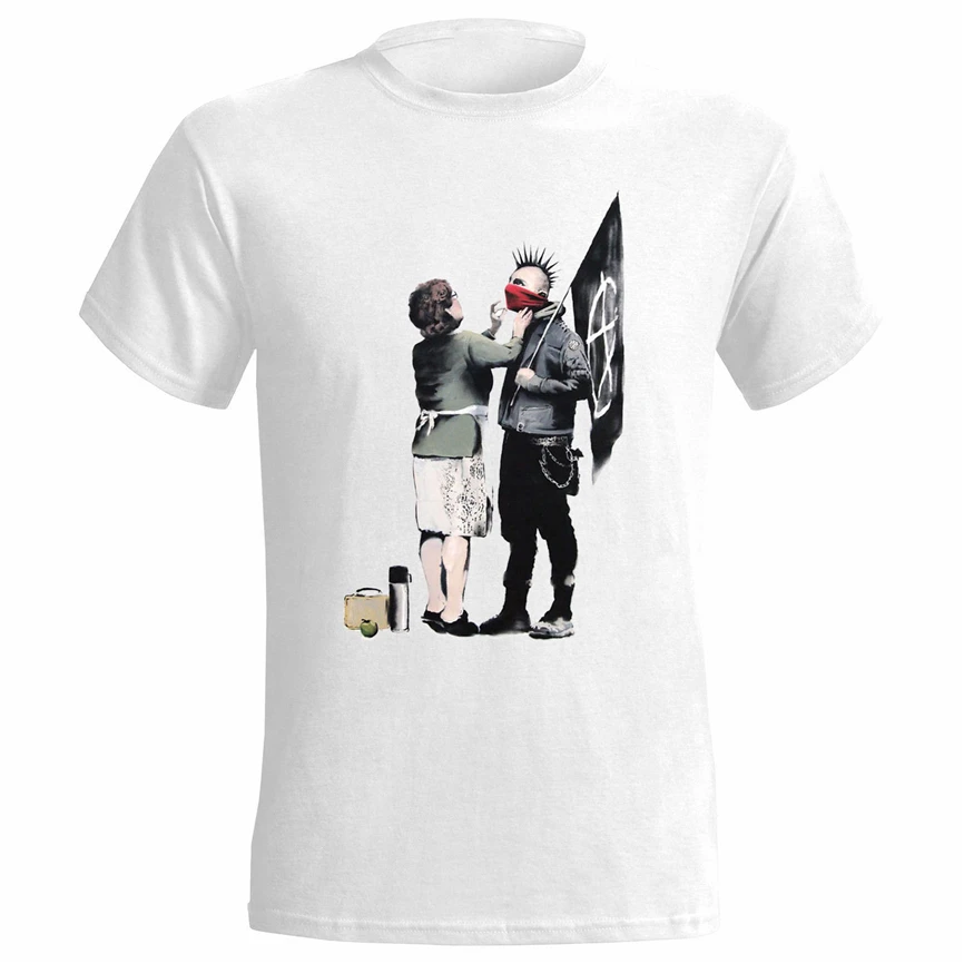 Banksy панк Mum хлопковая белая футболка graffitirbanartmensteegifttop из дышащей ткани | Мужская