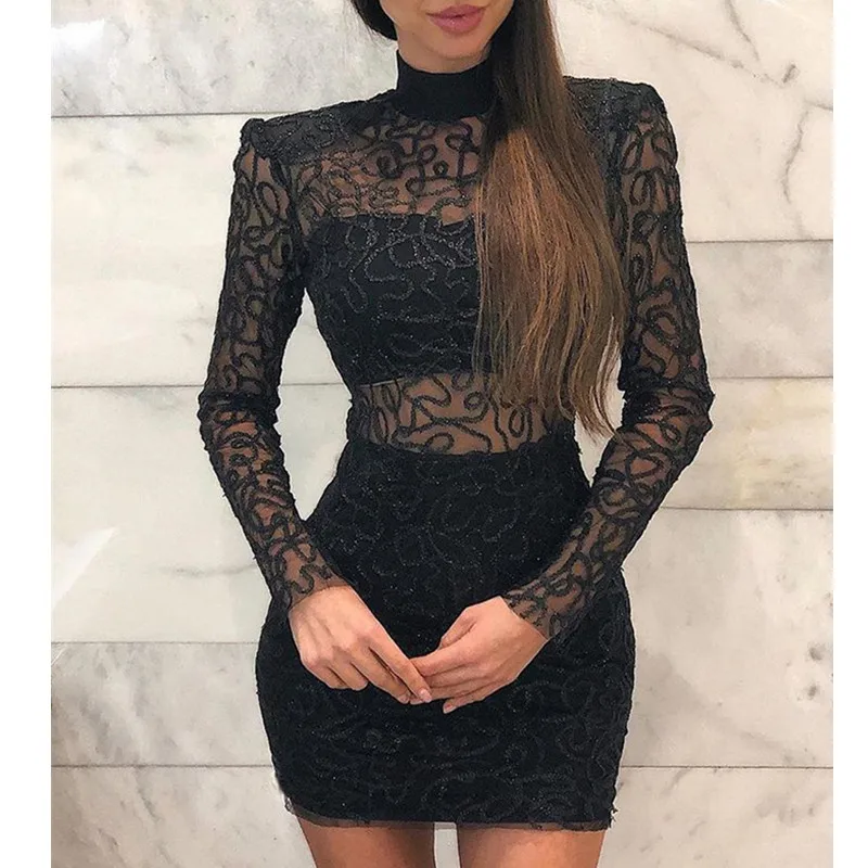 Women High Neck Sexy Lace Mini Dress Waist Bodycon Sheath Party Club | Женская одежда