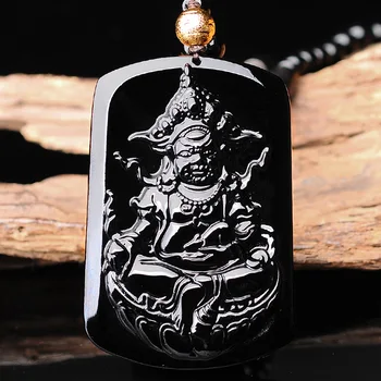 

Black Obsidian Necklace Pendant Chinese The God Of Wealth Feng Shui Attract Wealth Natural Gemstone Women Jewelry Mens Vintage