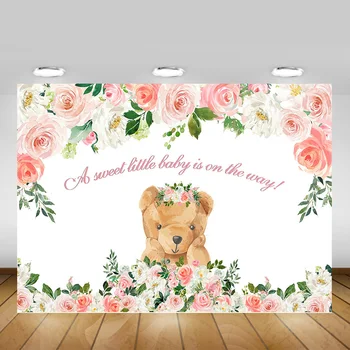 

Sweet Floral Bear Baby Birthday Party Background Decoration Newborn Little Baby Birthday Backdrop for Photography Pink Flowers