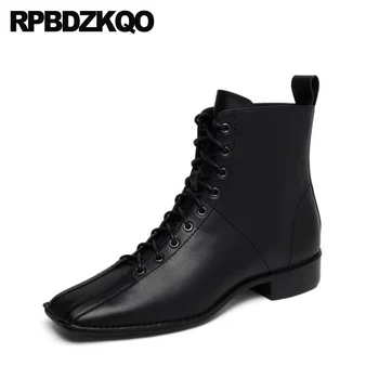 

military combat vintage short women shoes 2019 genuine leather chunky block front lace up casual ankle boots autumn square toe