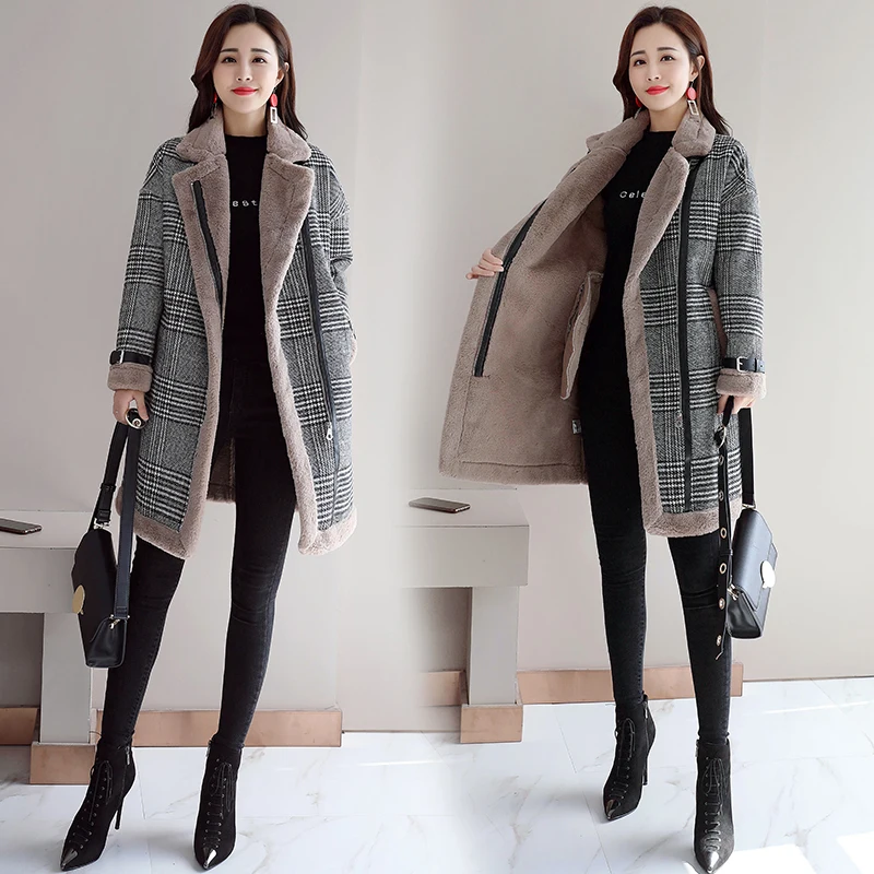 Winter thickening plus velvet mid-length woolen coat new Korean version of popular lamb lamb plaid woolen coat