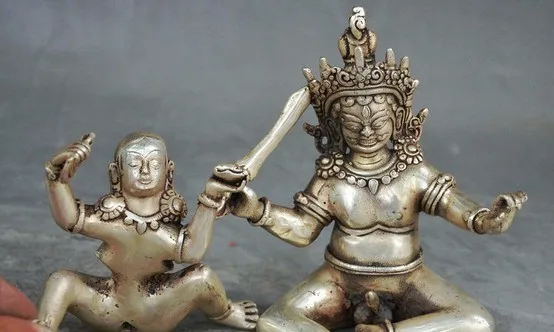 YM 311 " Старый китайский 5 Тибетский буддизм серебро Vajra Mandkesvara Yab-Yum статуя Будды