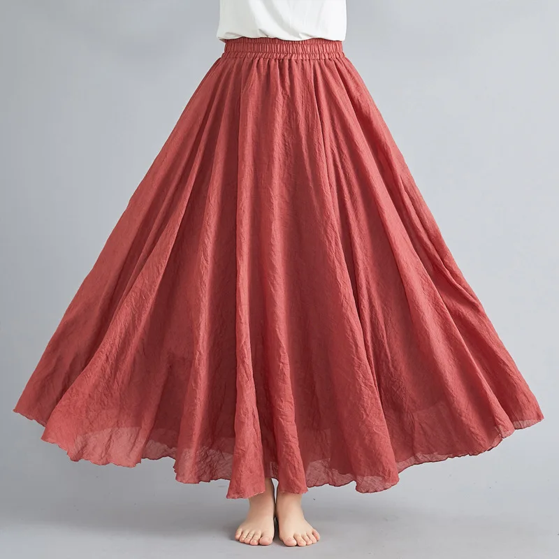 

Mori Girl Literature And Art Large Size Cotton Linen Skirt Elastic Waist Flax A- line Skirt Long Solid Color Ethnic-Style Big Sk