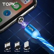 TOPK Flow светящийся Магнитный кабель Micro usb type C для iPhone XR Xs MAX 8 7Plus 5 магнитное зарядное устройство кабель для быстрой зарядки USB-C