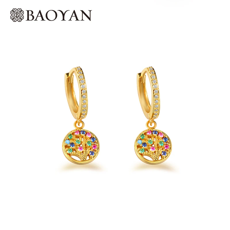 

Baoyan Fashion Gold Rainbow Rhinestone Earrings Tree Of LIfe Long Oval Eye Hoop Earrings Elegant Crystal Hoop Earrings For Women