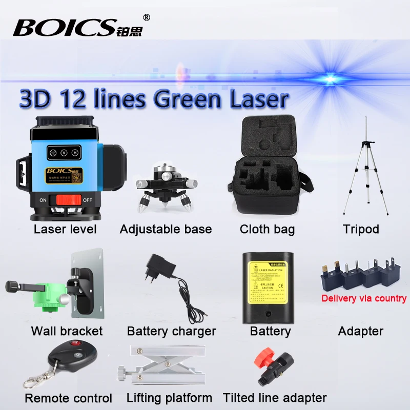 3Ds Blue Line Set Boics Лазерная поперечная линия 360 градусов вращающийся лазерный уровень самонивелирующийся 12 линий 8V4H линейный нивелир с беспроводным пультом дистанционного управления - Цвет: 3Ds Blue Line Set