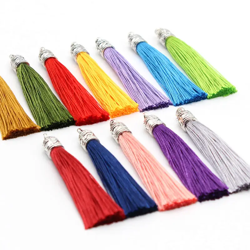 10Pcs/Pack 60mm Long Silk Tassel Brush with Metal Caps for Earrings