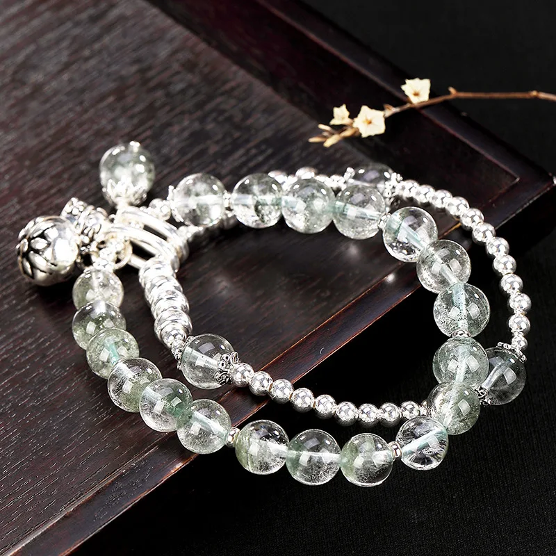 

One Deer Silver S925 Fine Silver Green Phantom Quartz Crystal Lucky Cat Bracelets Fashion Simple Women's Bracelets High Grade Je