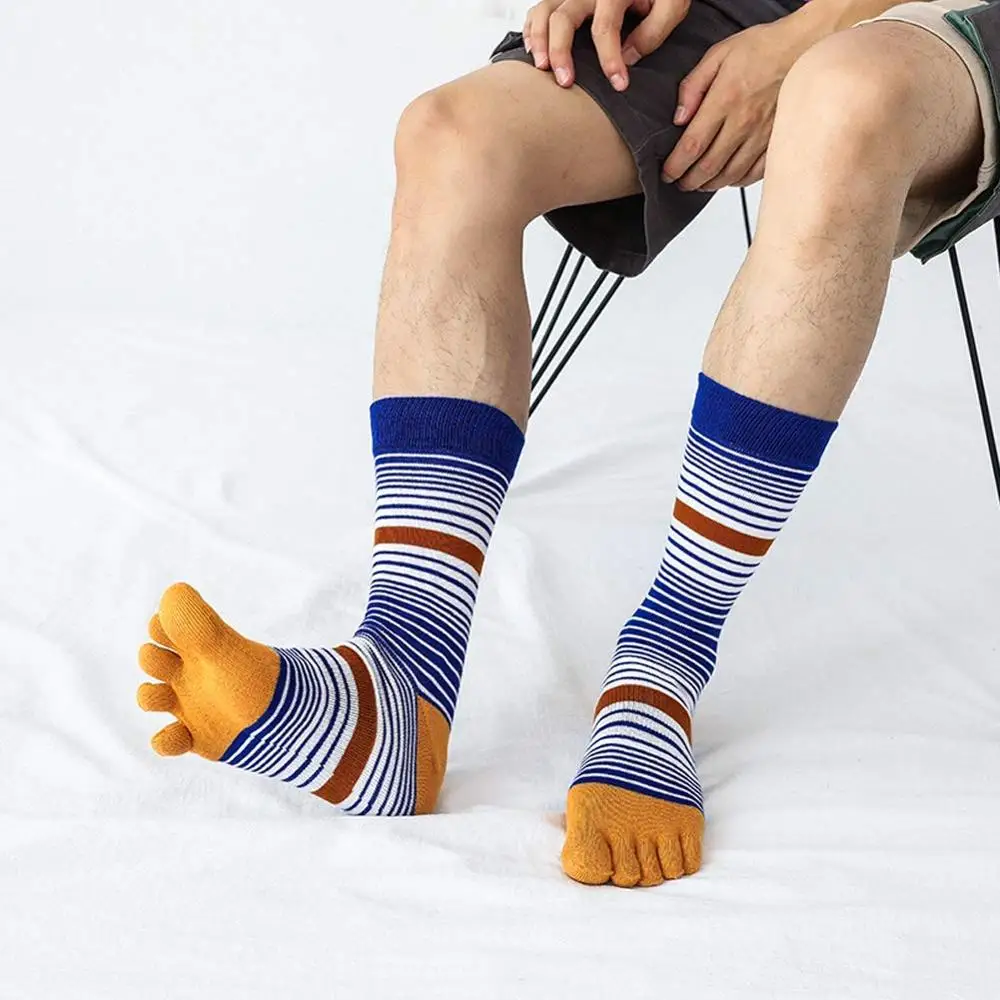 5 Pairs Fashion Long Tube Five Finger Socks Cotton Man Colorful Striped Mid-Calf Business Sport Compression Socks with Toes Gift