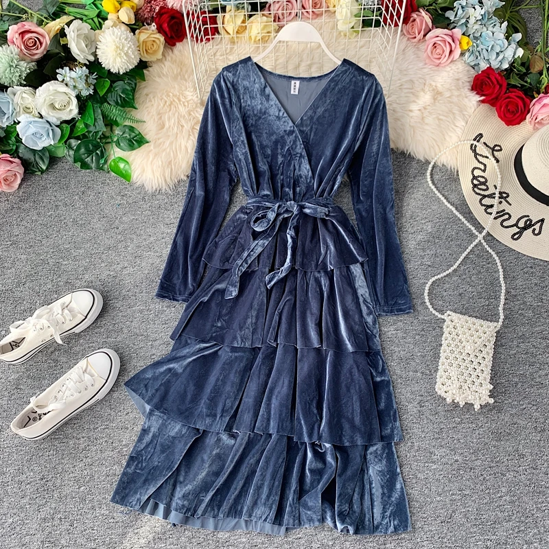 SINGRAIN Winter Women Long Velour Dress Autumn Midi Cake Elegant Party Club Warm Dresses Solid Vintage Tiered Velvet | Женская одежда