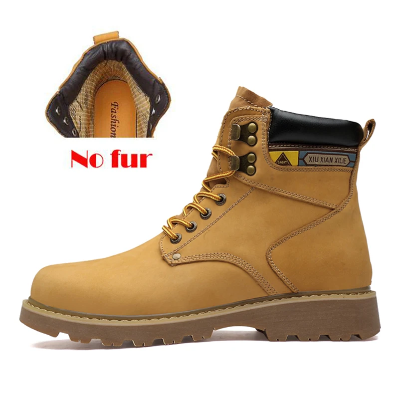 Обувь наивысшего качества; сезон осень-зима; мужские ботинки; Зимние ботильоны из натуральной кожи; нескользящие уличные рабочие ботинки для мужчин - Цвет: yellow no fur