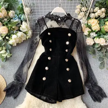 

2020 New Fashion Women's Perspective Long Sleeve Lace Shirt Sexy Boob Tube Top Jumpsuit Two-Piece Sets N885