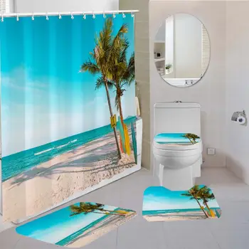 

Surfing Printed Shower Curtain Set 4 PCS Non-slip Rug U-shaped Mat Toilet Lid Cover Bath Mat and Hooks Bathroom Accessory Set
