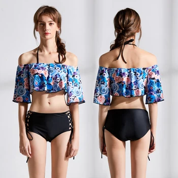 

Women Sexy Floral Print Bikini Set Fallbala Off shoulder Swimwear High Waist Black Briefs Bathing Suit Beach Wear 2020 Newest