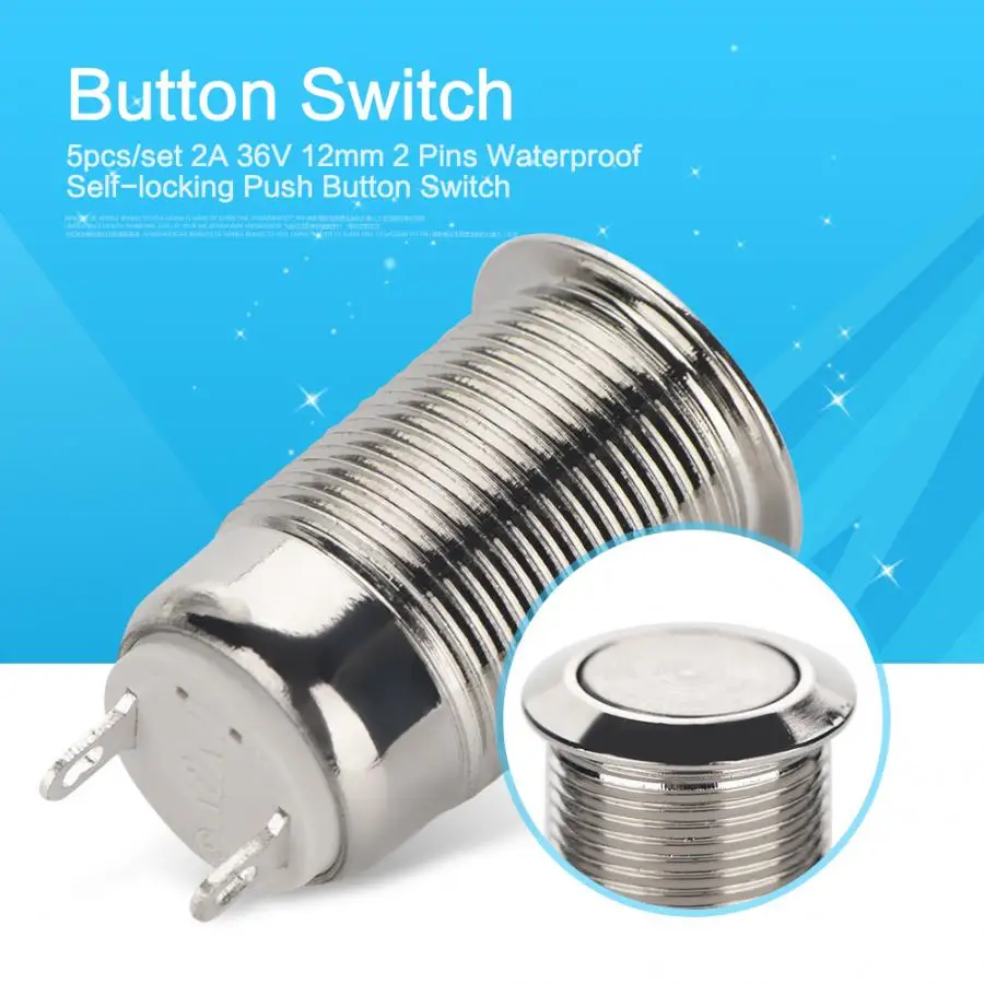 

5pcs 12mm Metal Push Button Switch 2 Pins Silver Flat Head Ring/Power Self-locking Switch Waterproof Car Auto Eng