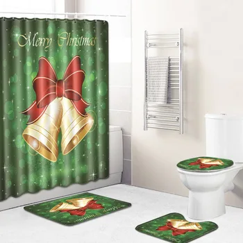 

New Creative Christmas Printing Cross-Border Foreign Trade Shower Curtain Toilet Carpet Four-Piece Combination Holiday