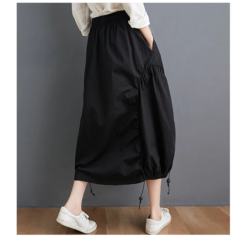 Oladivi Oversized Women Midi Skirt Fashion Ladies Summer Autumn Casual Loose Elastic Waist Drawstring Pocket Skirt Black 3XL 2XL capri jeans for women