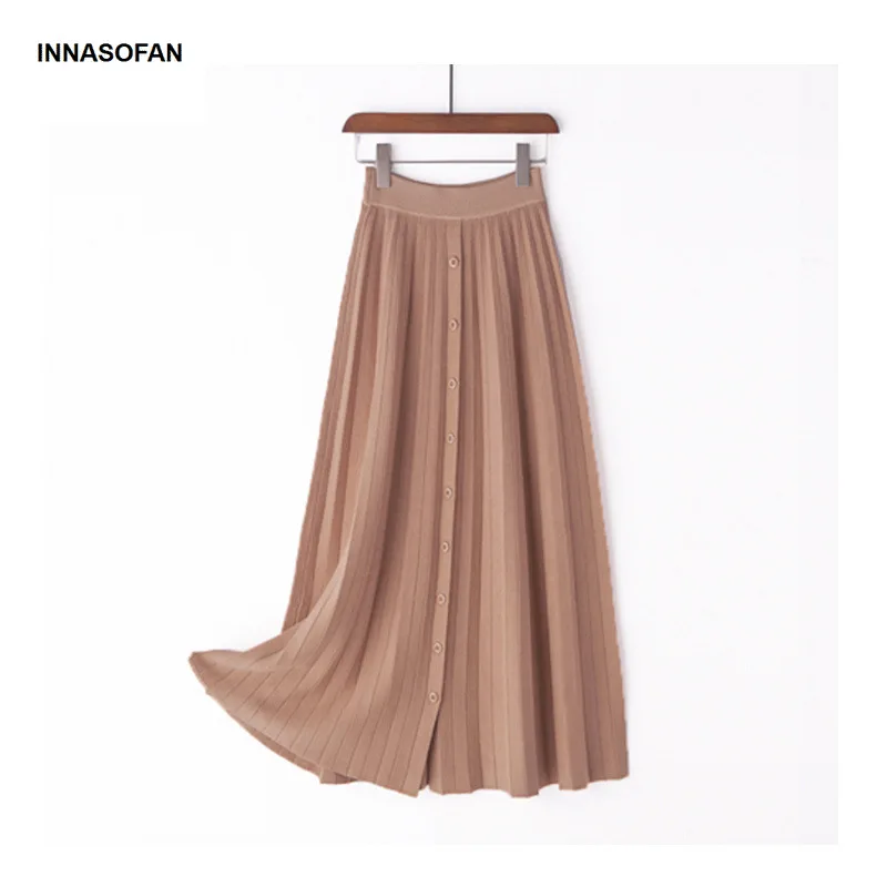 INNASOFAN, теплая трикотажная юбка для женщин, Осень-зима, плиссированная длинная юбка, высокая талия, модная, высокая, шикарная на пуговицах юбка