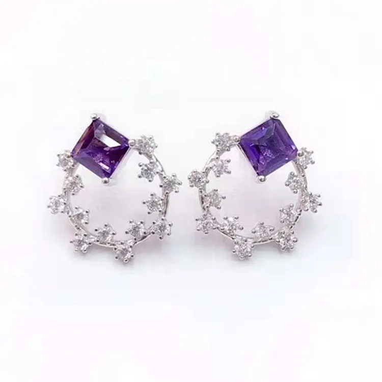 

New Style Simple Multicolored Ear Stud Global 925 Silver Set with 6mm Natural Amethyst Ear Stud