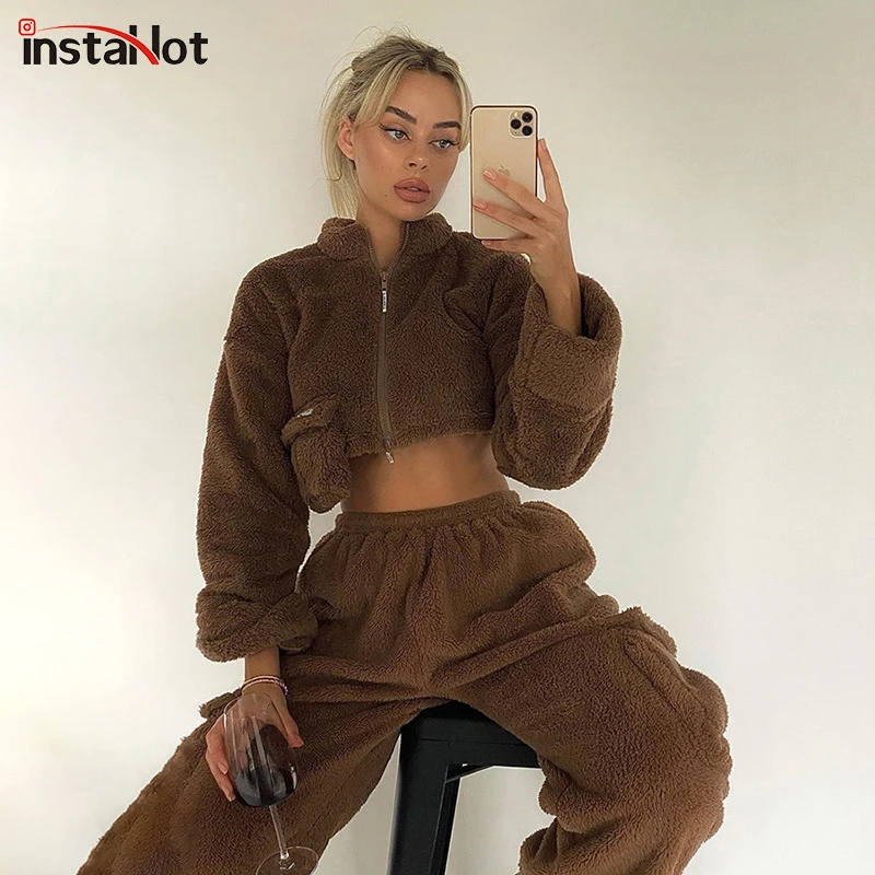 

InstaHot Lamb Wool Autumn Two Piece Set Chic Pocket Zipper Crop Jacket Fleece Shaggy Sweatpant Tracksuit Winter Women Outfit