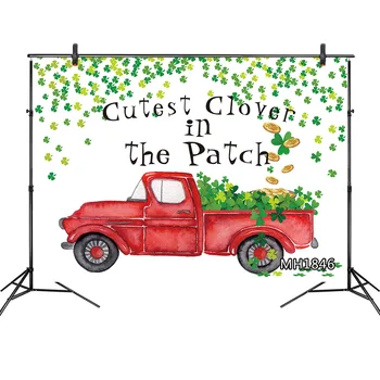 

St. Patrick's Day Photography Background Retro Red Pickup Truck Green Clover Gold Coins Photo Background Photo Booth Studio Prop