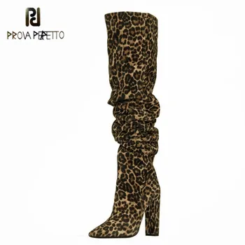 

Brand Designer Faux Leather Women Knee High Boots Pointed Toe Boots Women Long Chunky High Heels Boots Leopard Shoes Woman 2020
