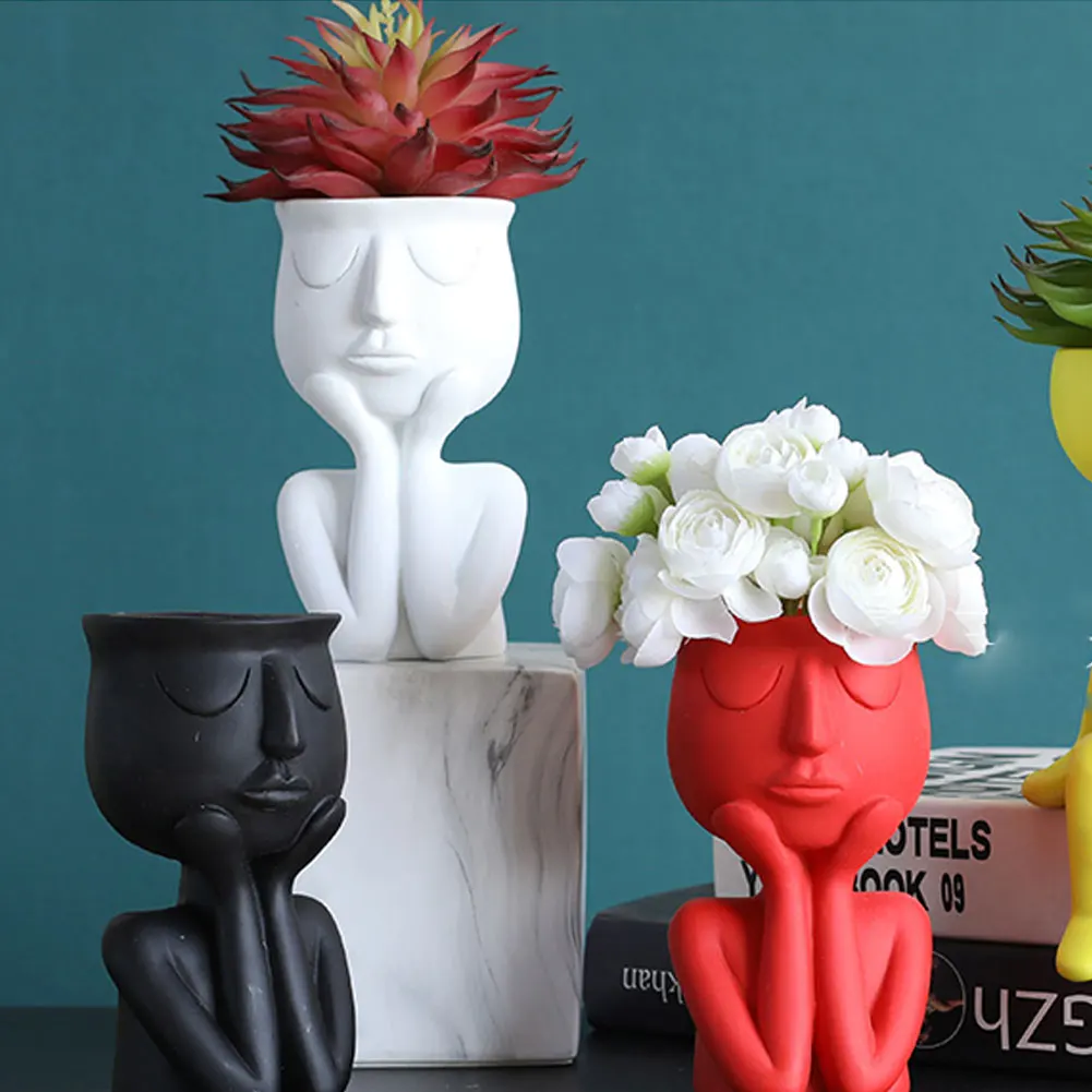 

Nordic Minimalist Ceramic Abstract Vase Black Yellow Human Face Creative Display Room Decorative Figue Head Shape Vase