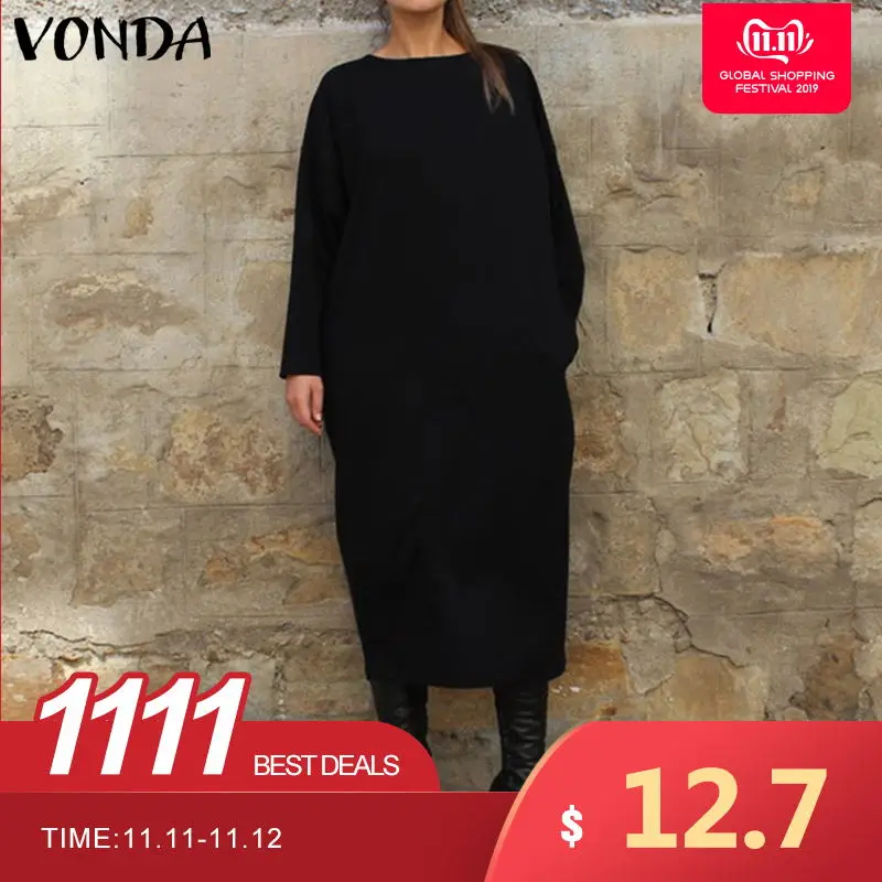 Online VONDA Frauen Herbst Lange Kleid Mode Rundhals Langarm Shirt Kleid 5XL Vestidos Plus Größe Robe Femme frauen tuniken