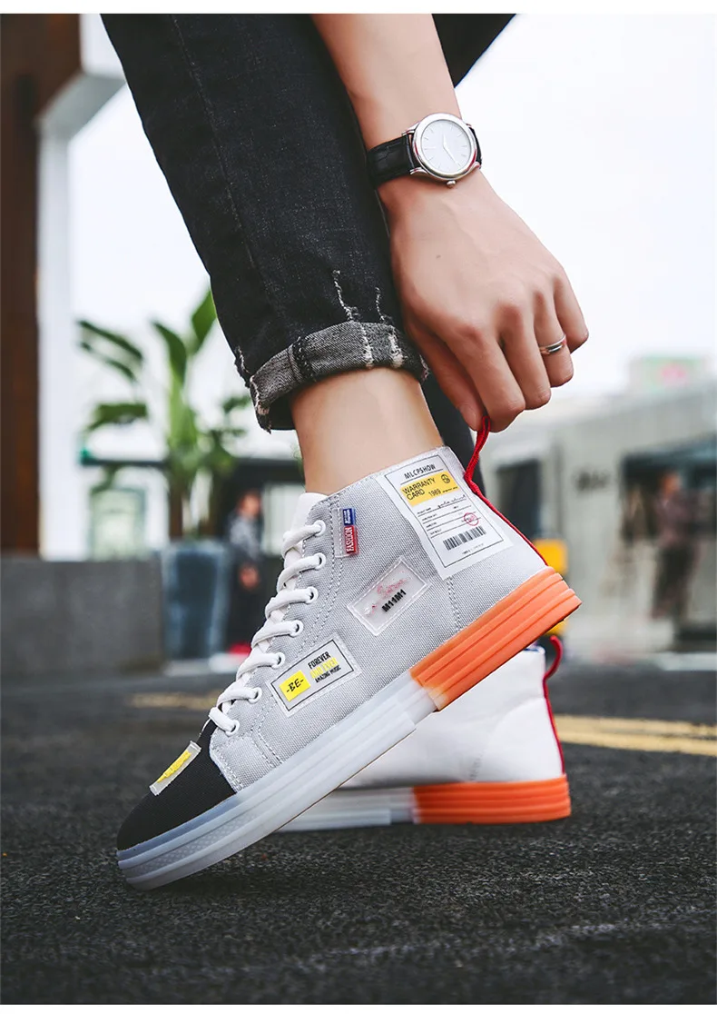 New Non-slip Transparent Rubber Sole Men Canvas Skateboard Shoes Espadrilles Yellow High top Men Canvas Sneakers zapatillas lona