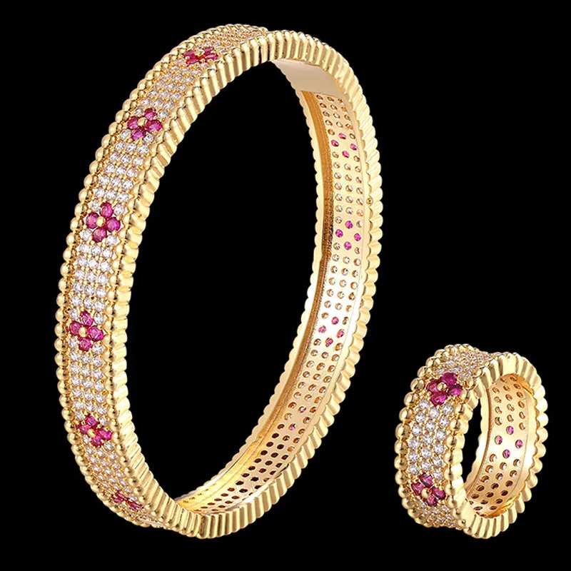 gold pink Zlxgirl, роскошный бренд, простой AAA кубический циркон, браслет и кольцо, ювелирный набор, свадебный браслет, Пара подарков, Сумка - Окраска металла: gold pink