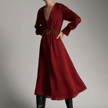 

Women's V-neck Solid Color Midi Dress Long Sleeve 2020 Spring Summer New Style Long Dresses with Sashes