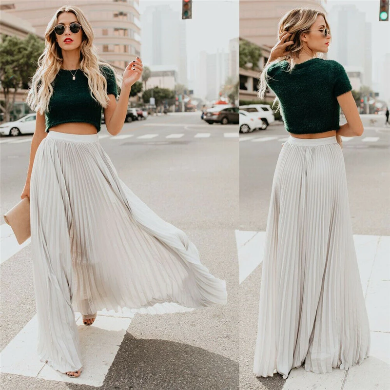 

Women's Solid Color Skirt High Waist Loose Pleated Long Skirt, Casual And Versatile Streetwear