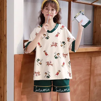 

Summer Pajamas Set For Women Sweet Cartoon Printed Knitted Short-Sleeved 2 Pcs Suit Fashion T Shirt Shorts Home Wear Sets