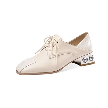 

Classic Genuine Leather Women Pumps 2020 Summer New Lace Up High Heels square Toe Shoes Woman Casual Basic Shoes