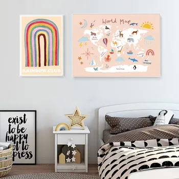 

Colorful Rainbow Canvas Painting Illustration World Map Print Animal Nordic Poster Nursery Wall Art Pictures Kids Room Decor