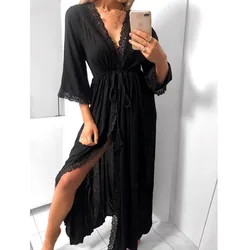 Womens Long Robe Homewear Soft Hollow Lace Tie Up Waist Slim Casual Long Loose Robedres V Neck Bathdress Bath Robe