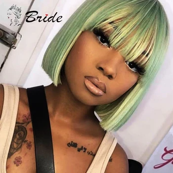 

BRIDE Women's Green Wigs Straight Bob Wig Cosplay Synthetic Wig With Air Bangs Natural Hair Extension Rainbow Colors for Party