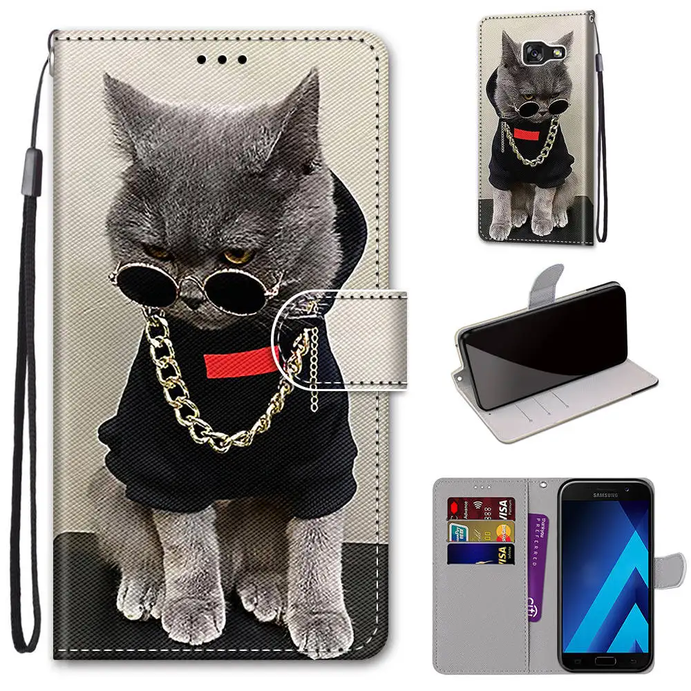 Phone Cases For Samsung Galaxy A6 A7 A8 A9 2018 A5 2017 A71 A72 5G Case Flip Leather Book Wallet Cover Cute Anime Flower Cat Bag silicone case samsung